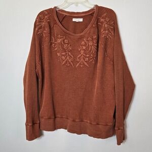 Cleo + Wolf Womens XL Rust Orange Waffle Knit Floral Embroidered Pullover Top